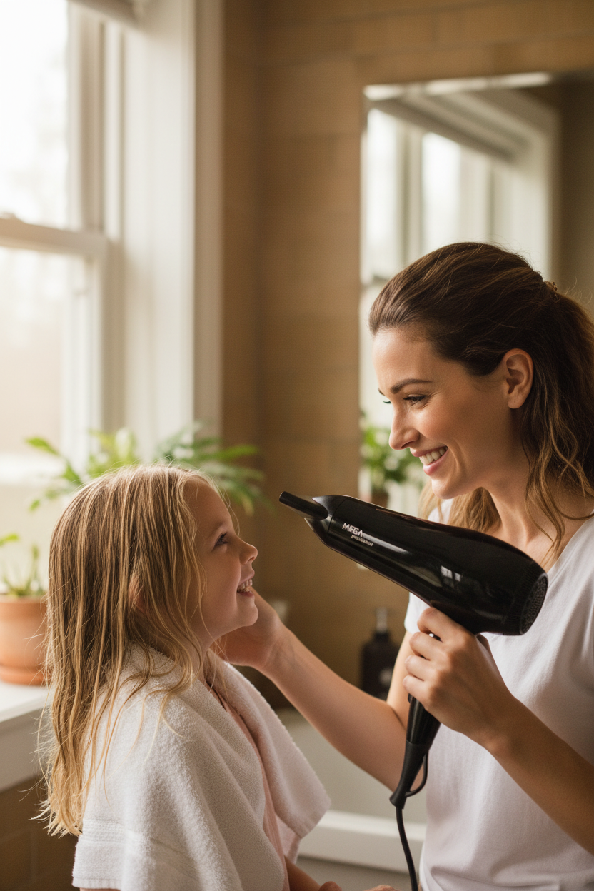 Mamá secando el cabello de su niña con MEGA Profesional