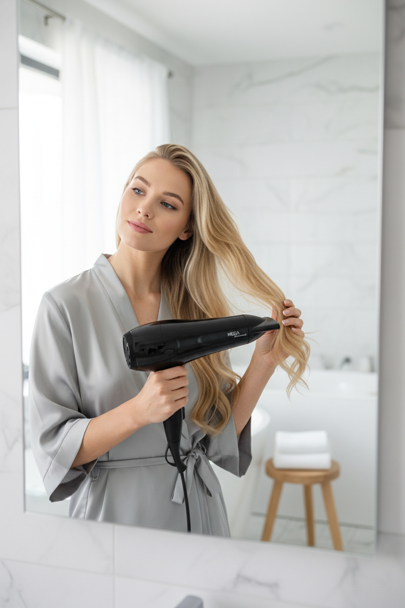 Modelo rubia usando secador MEGA